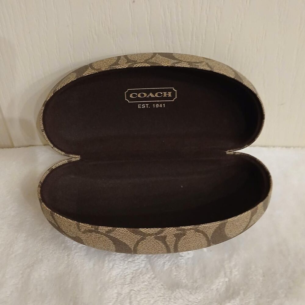 Coach clam-shell hard glasses case in brown and tan signature monogram canvas